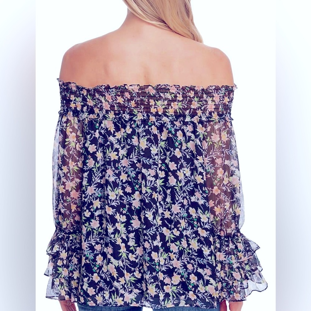 CeCe blue floral 3/4 ruffle sleeves wear on/off shoulders blouse-size small - Picture 3 of 8